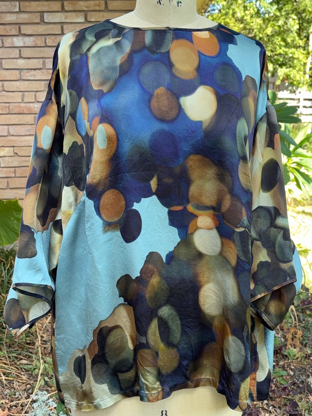 Lafayette 148 New York Silk Abstract Watercolor Print Wide Sleeve Tunic Top 1X